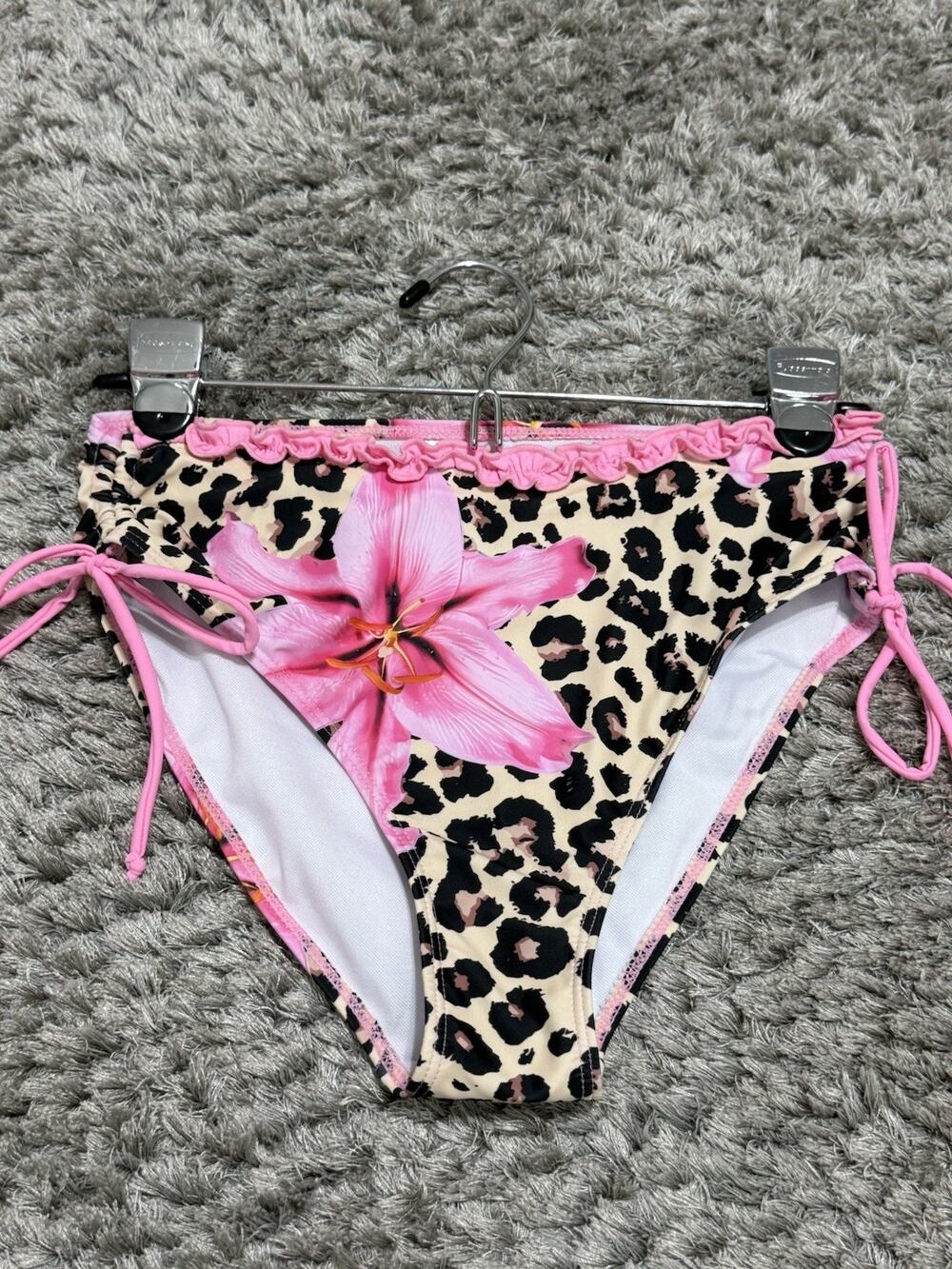 Pink Lily Leopard Floral Ruffle Bikini Bottom Side Tie Swimwear women S NWOT